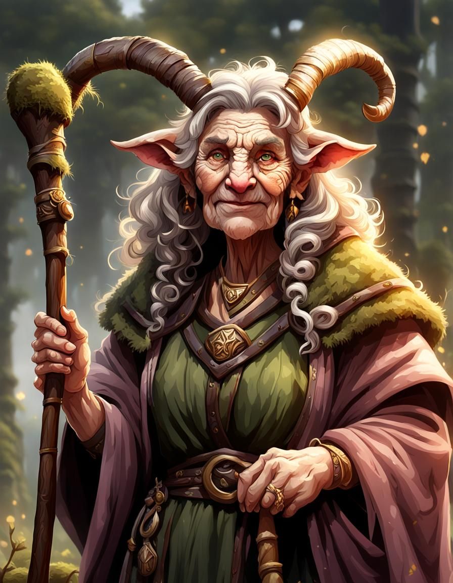 Elderly Firbolg Druid with Goat Horns and Staff