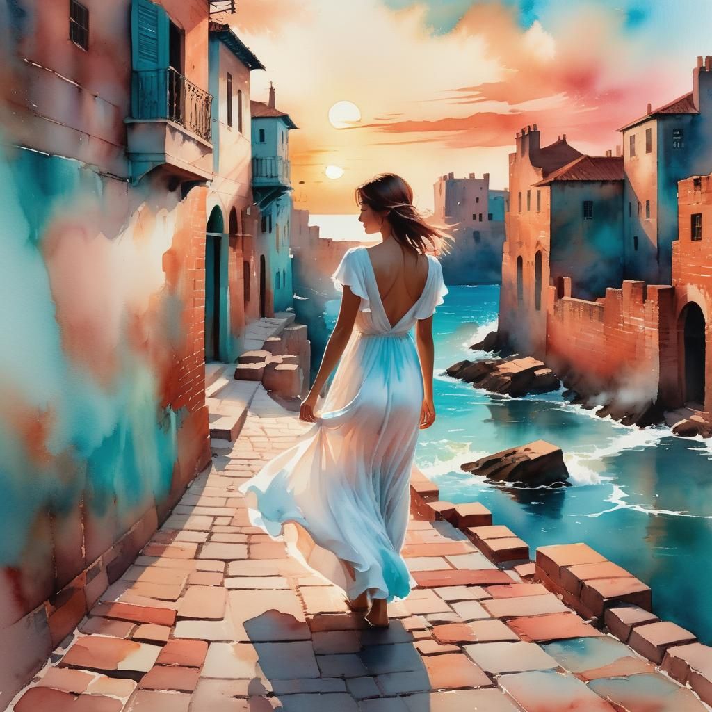 Girl at Sunset: Watercolour Painting of Ancient Street