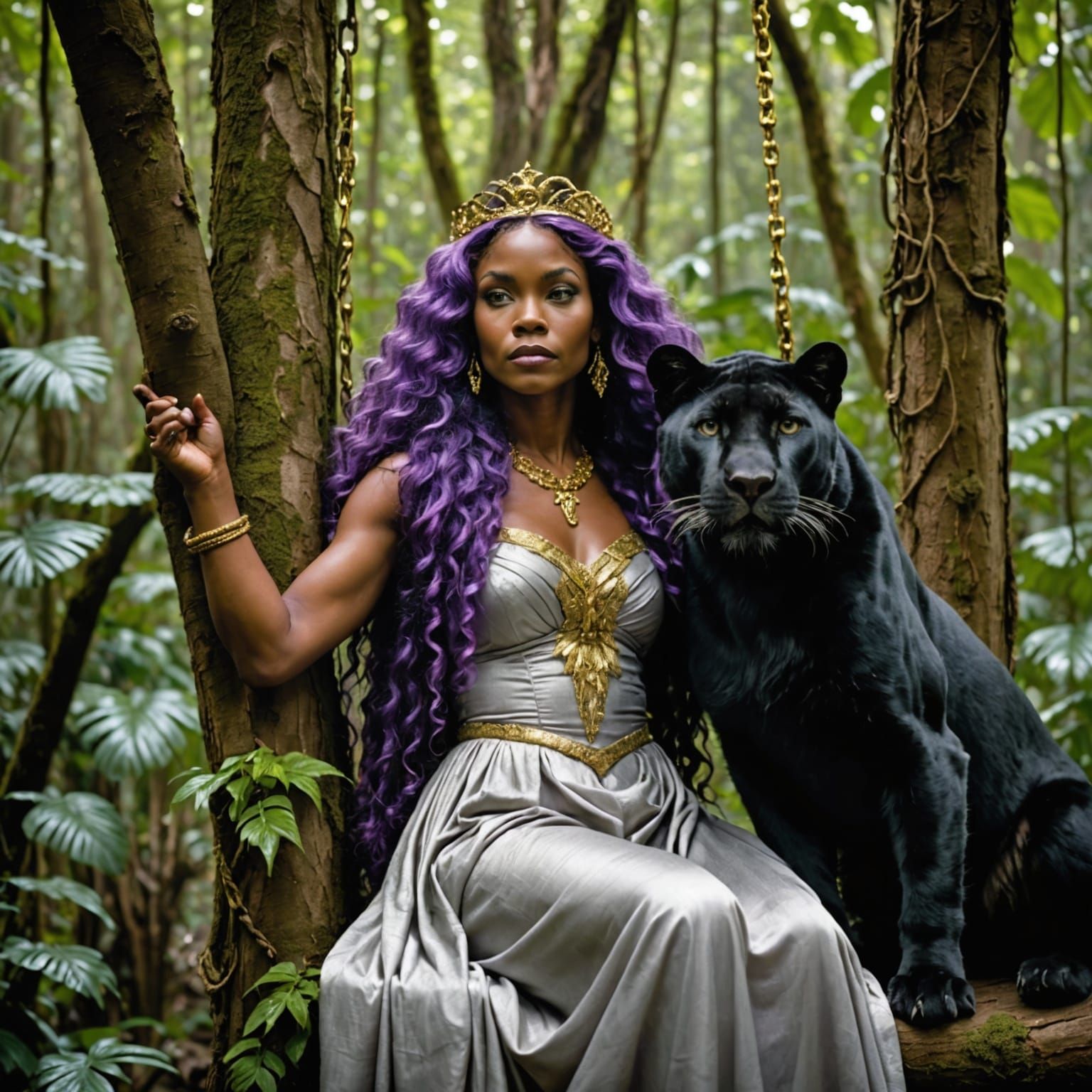 Rainforest Woman with Panther in Silver Gown