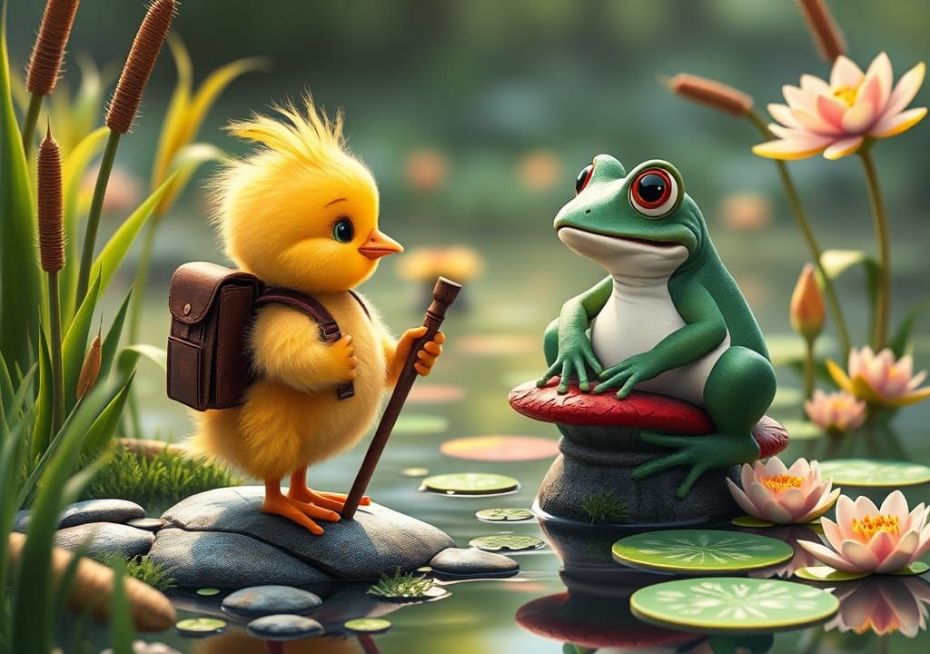 Chick and Frog Chat by Pond in Pixar Style