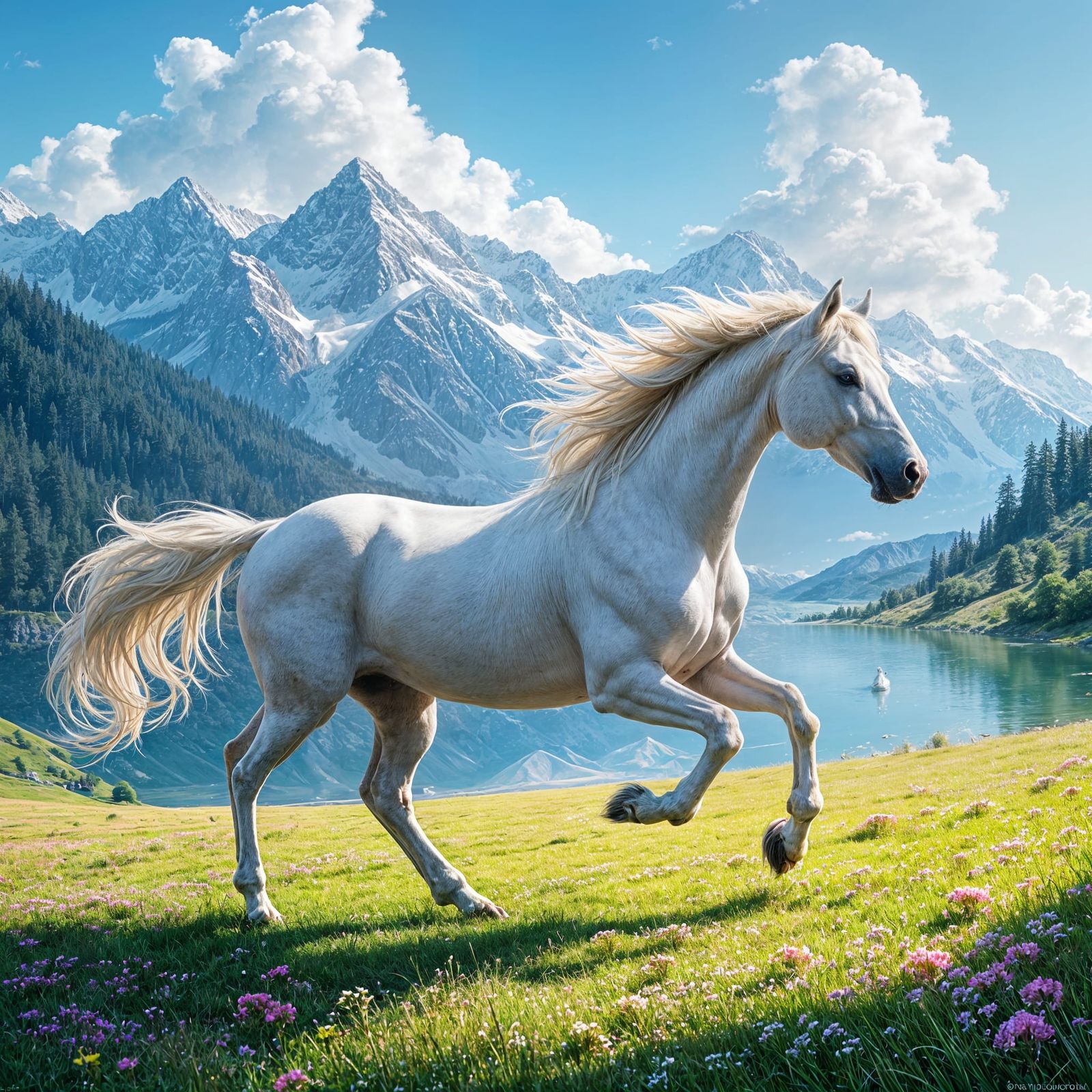 White Stallion Galloping Freely Across Lush Meadow