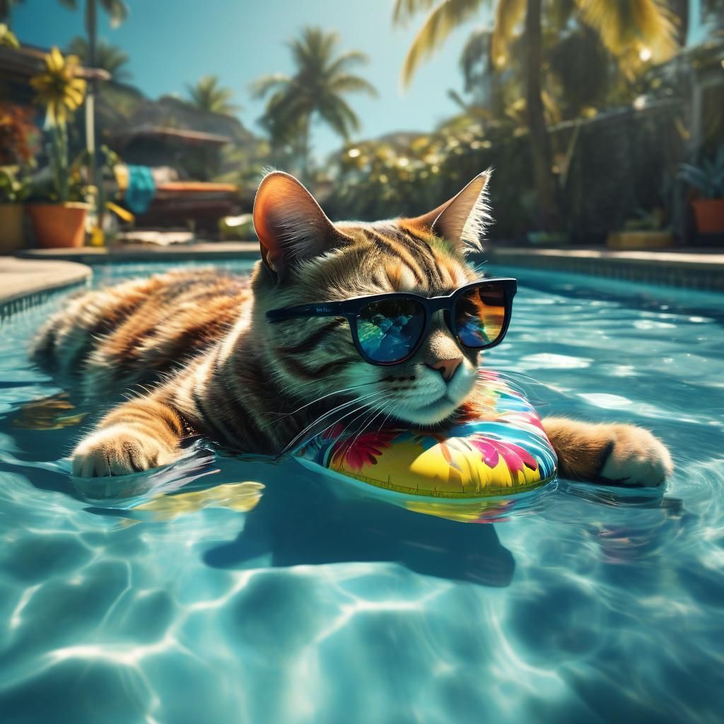 Cat Lounging Poolside in Sunglasses: Digital Splash Art