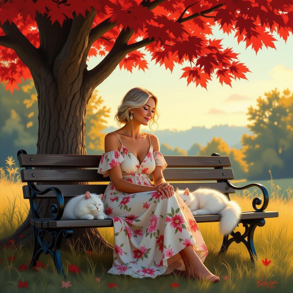 Woman Under Maple Tree with Cat, Hyperrealistic Oil Painting