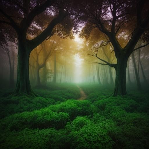 Glowing Tree in Surreal Lush Forest Landscape
