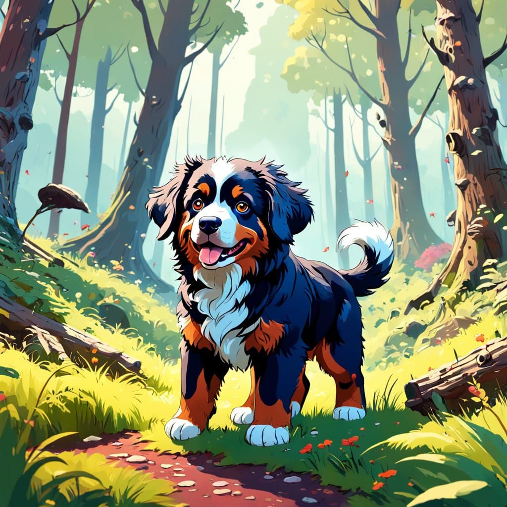 Bernese Mountain Puppy in Enchanted Forest Scene