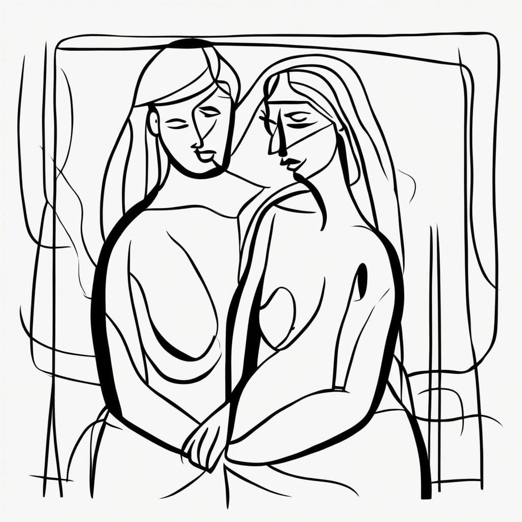 Minimalist Picasso drawing of a loving couple in one ink bla...