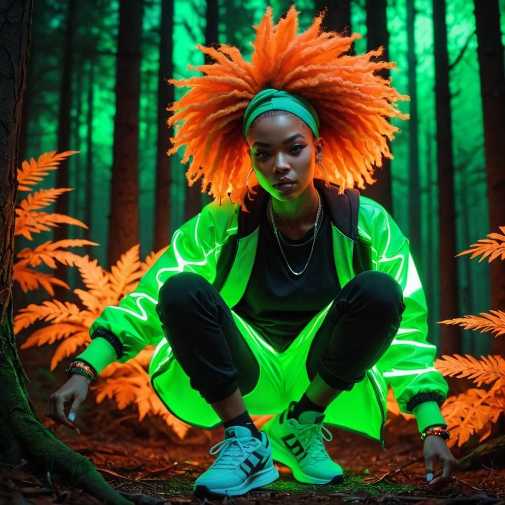 A badass  doing an amazing hip hop dance under black lights in the Forrest , UV light. reflective orange, white, and gre...
