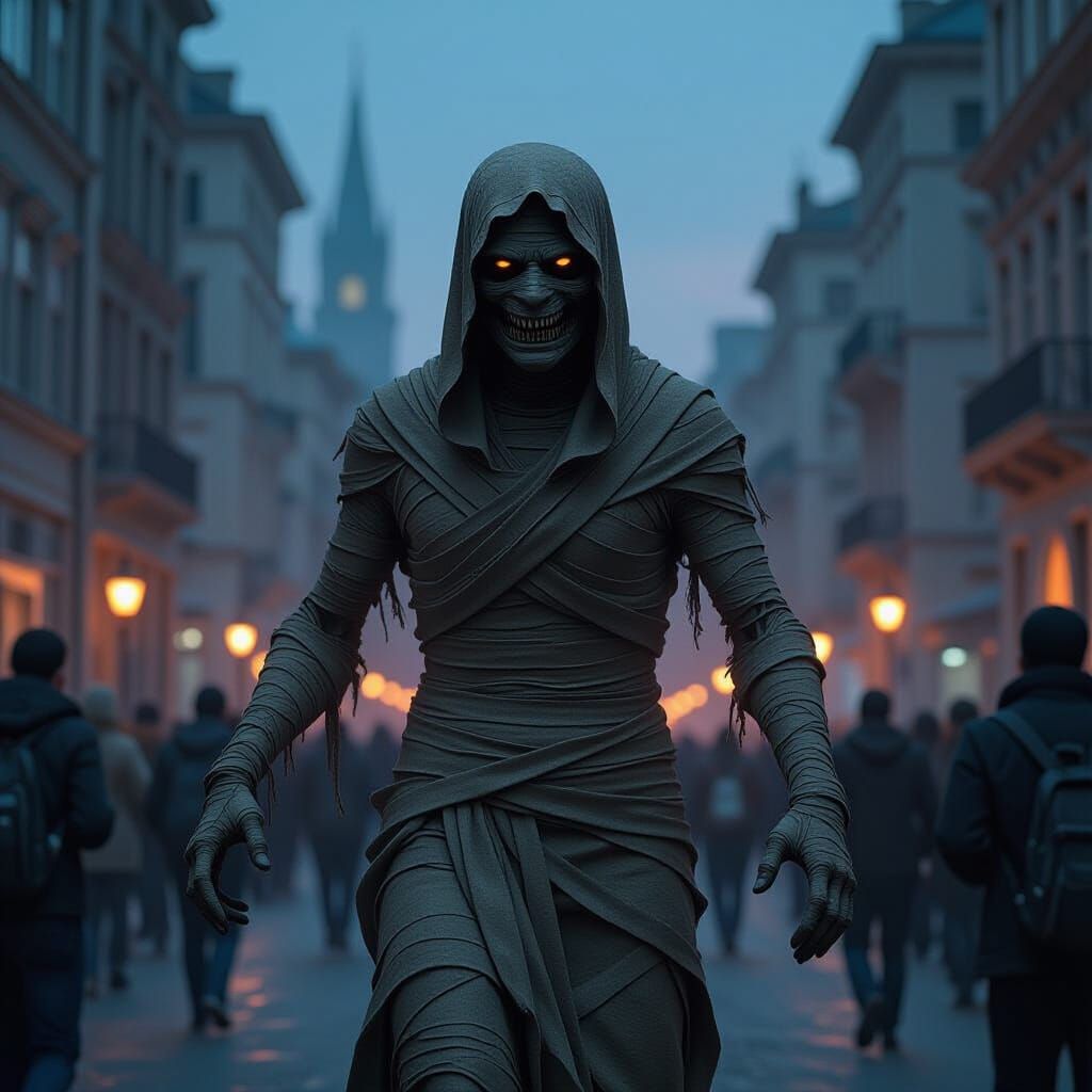 Mummy Terrorizes Metropolis in Dystopian Dusk Scene