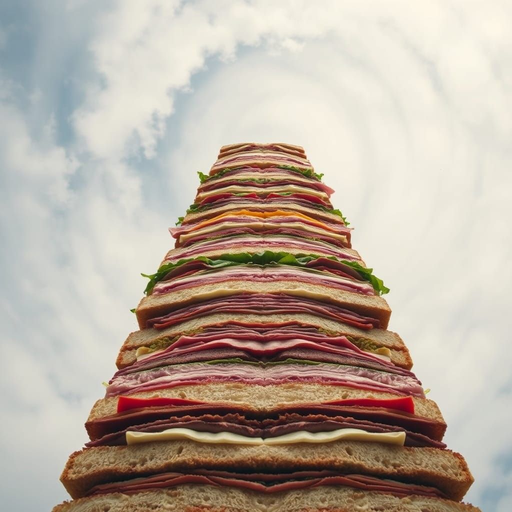 Giant Towering Dagwood Sandwich Reaching for the Sky