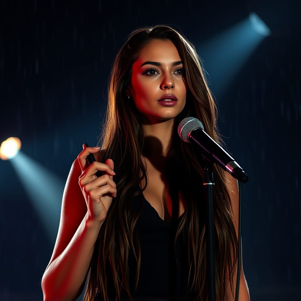 Confident Nighttime Stage Performer in a Dreamy, Cyberpunk A...