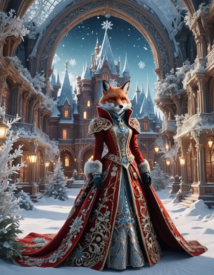 Victorian Fox in Winter Wonderland: Surreal Digital Art
