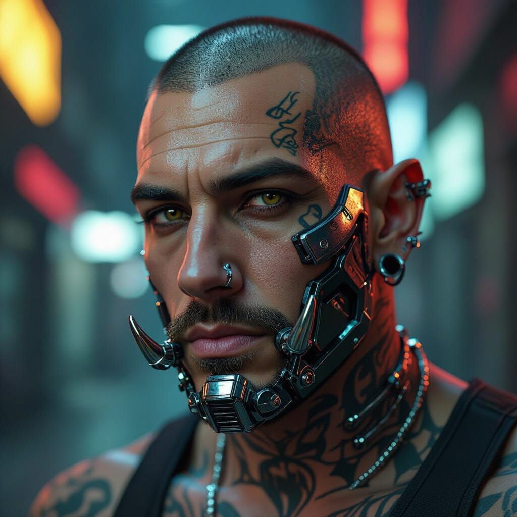 Cyberpunk Man Portrait with Chrome Implants and Orc Features