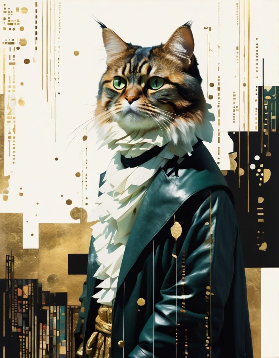 Matrix Cat in Leather Coat: Mixed Media Art