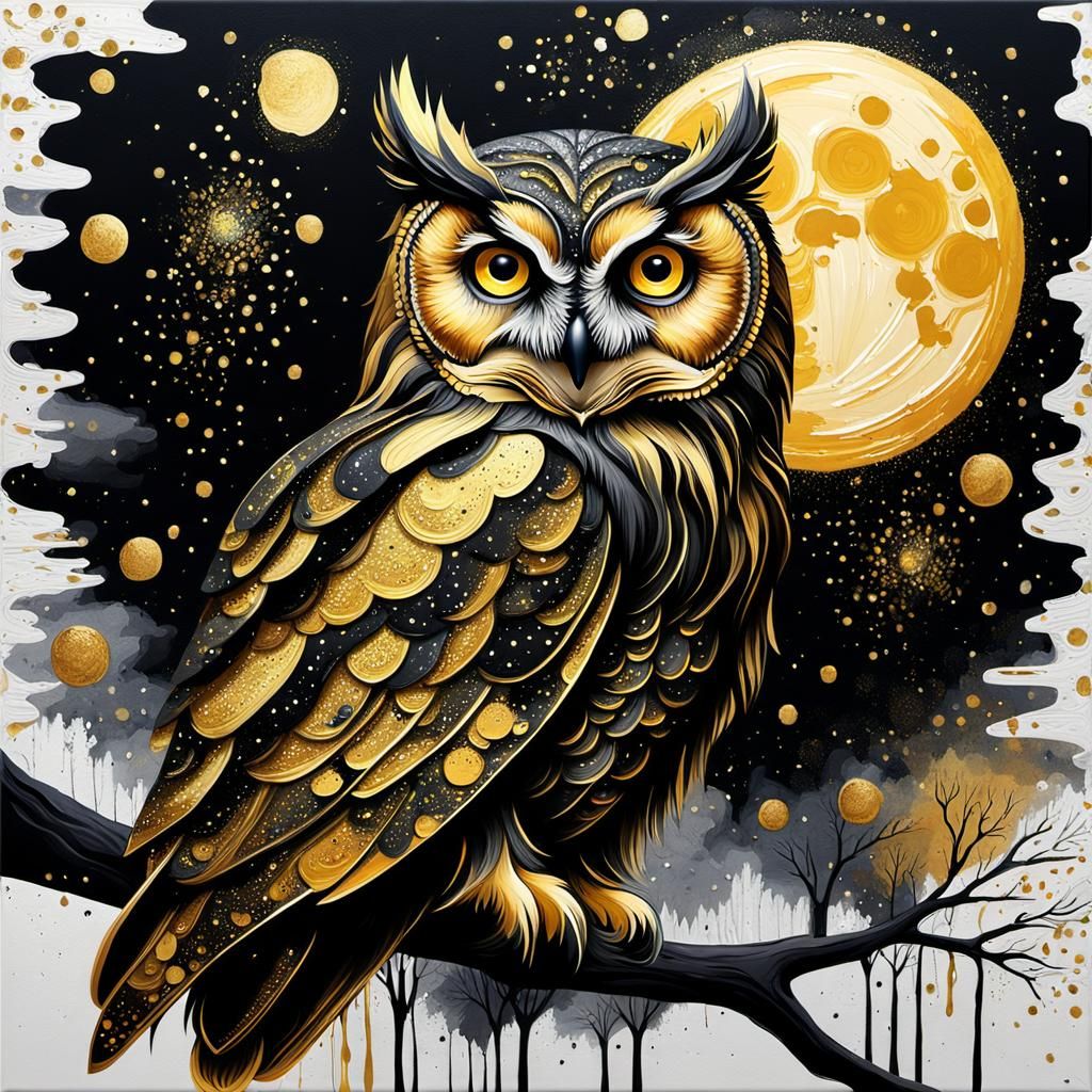Majestic Owl in Gold and Black Oil Painting