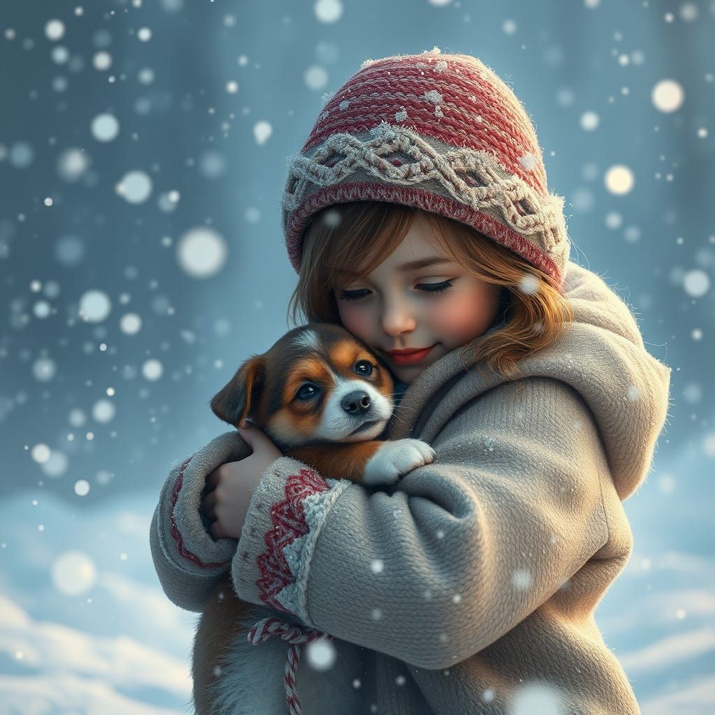 Little Girl and Puppy in a Fantastical Blizzard Scene