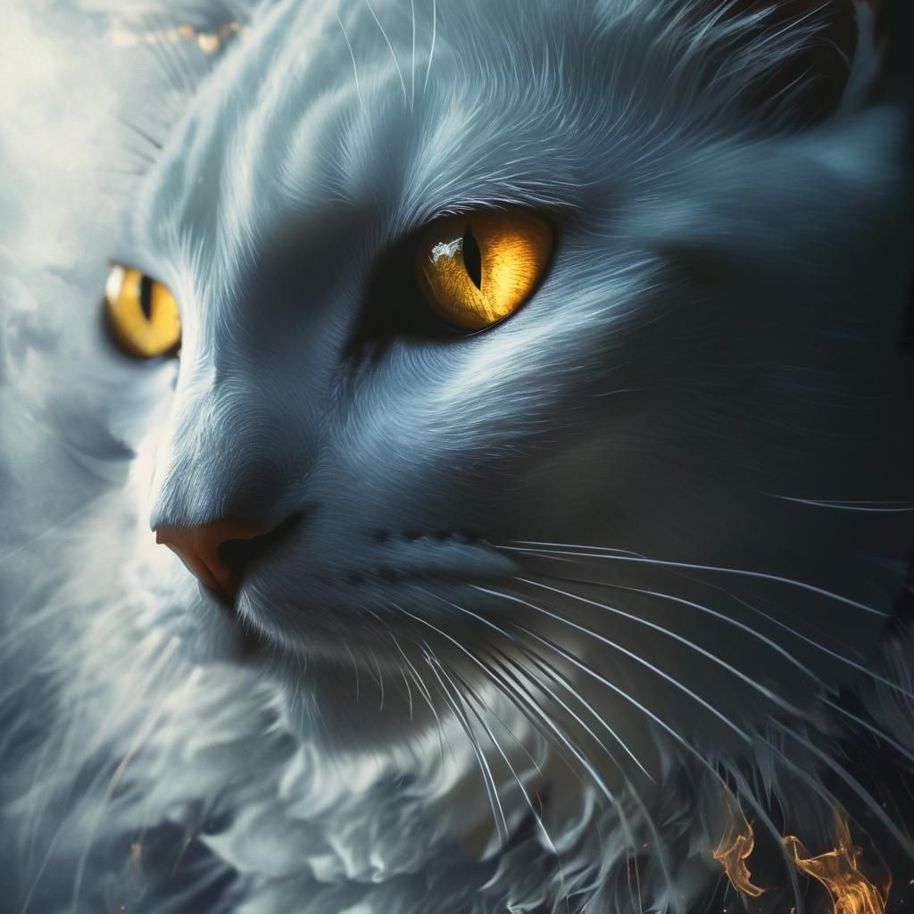 White Satin Cat in Techno-Shamanism Style