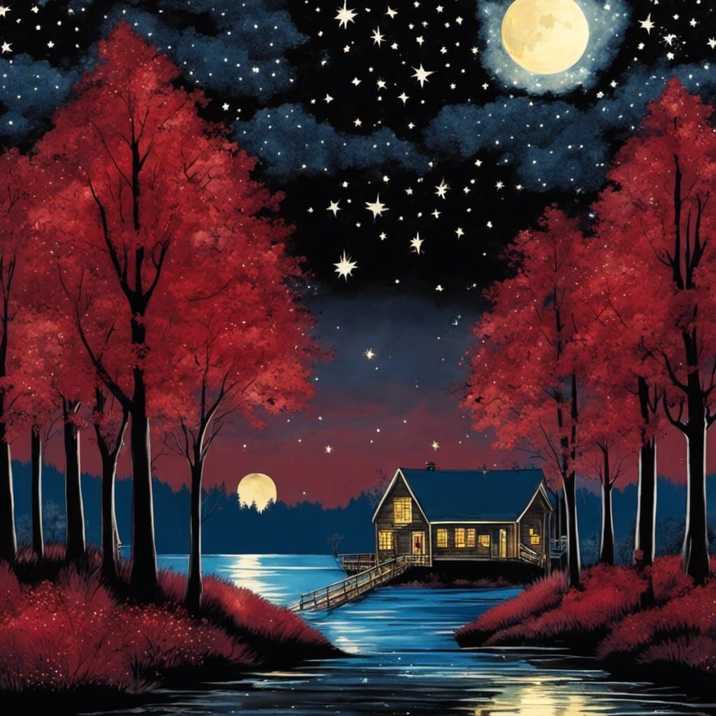 Gothic Starry Night Forest in Watercolor Style