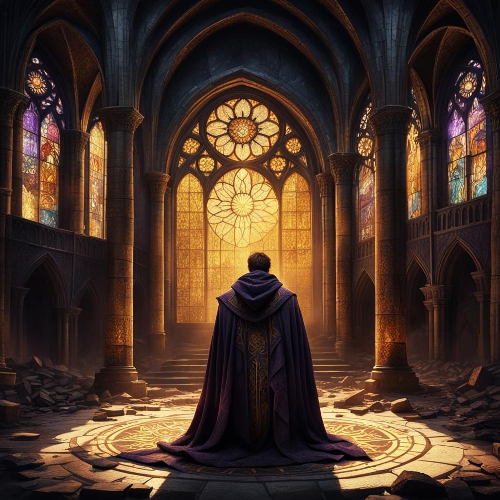 Mystical Cathedral: Crying Man in Dark Fantasy Art