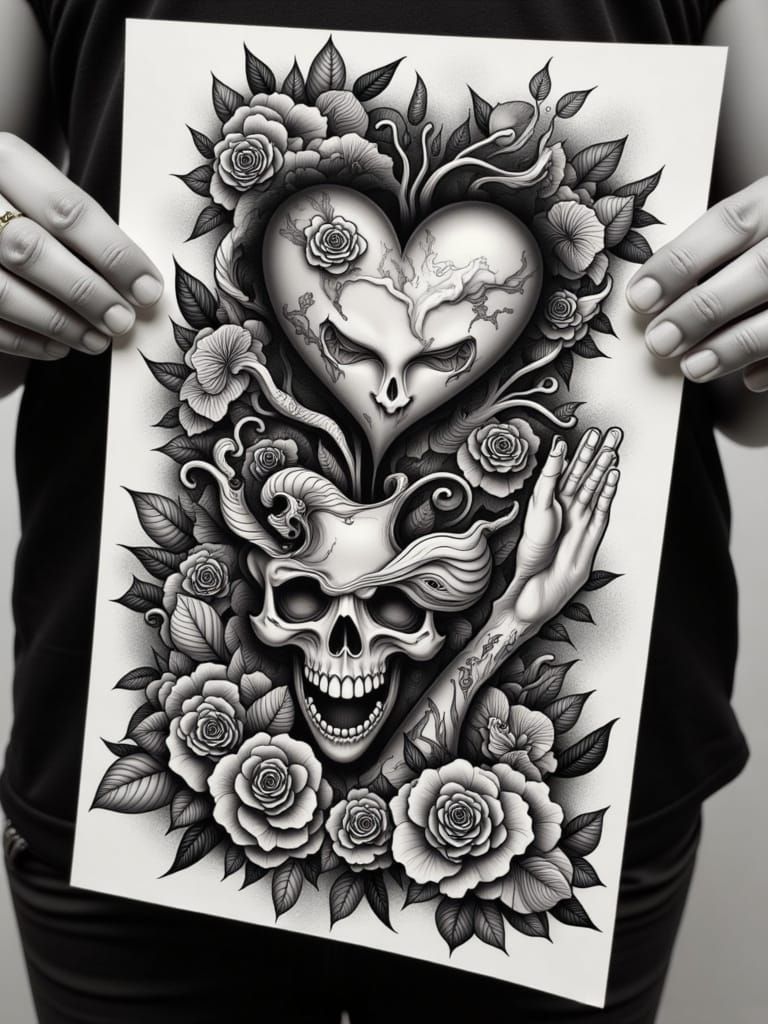 Chicano Tattoo Flash Sheet with Hearts and Skulls