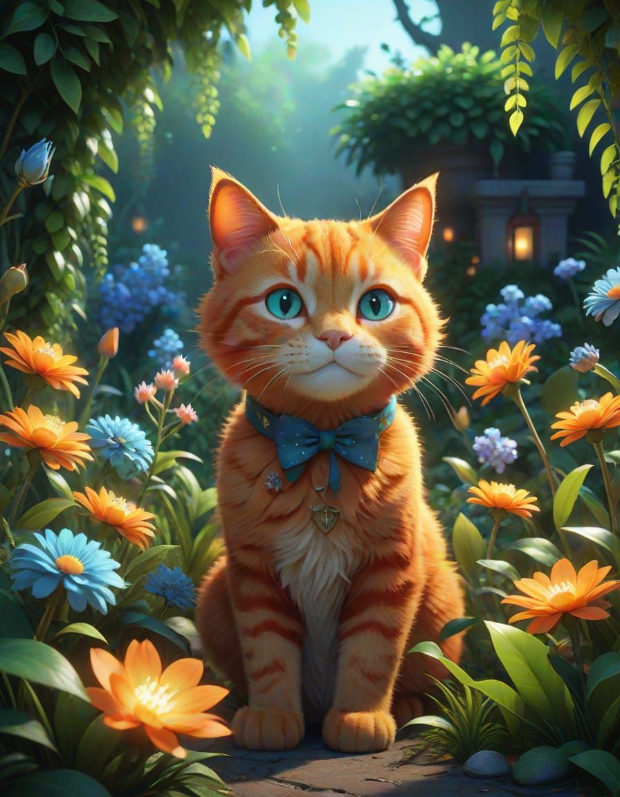 Pixar-Inspired Ginger Cat in Whimsical Garden Wonderland