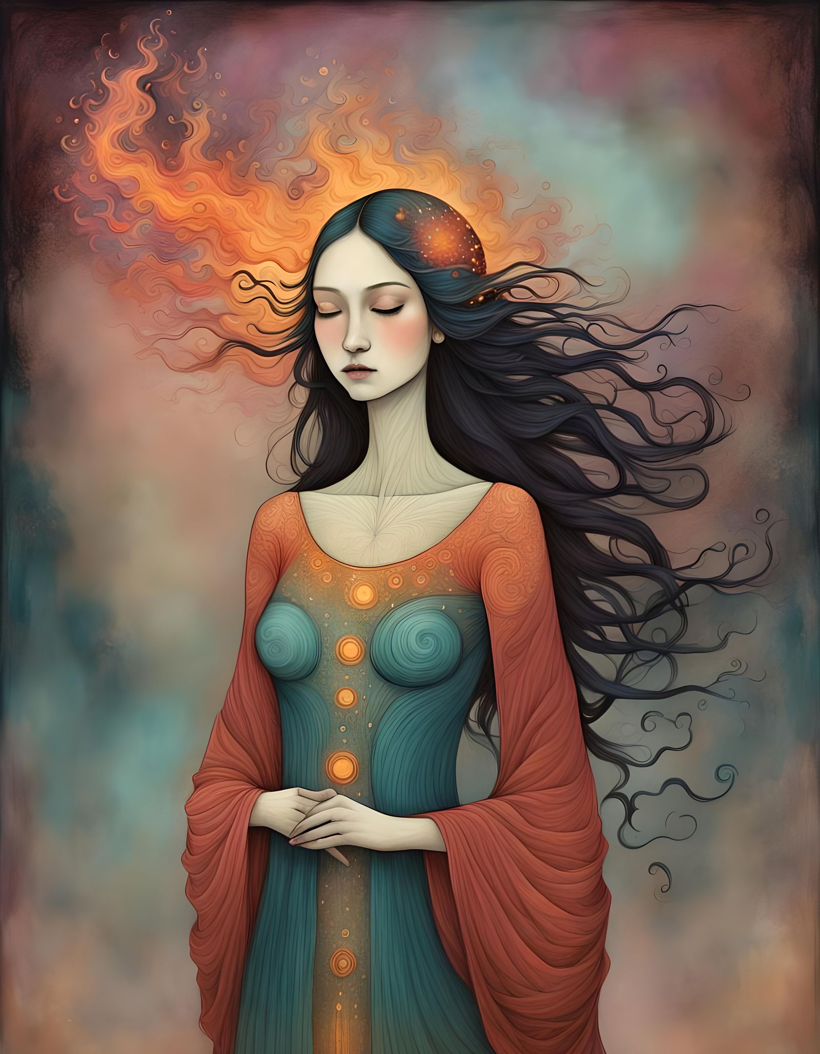 Ethereal Feminine Goddess in Fire and Wind