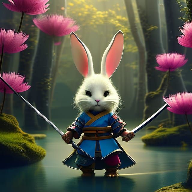 Anthropomorphic Bunny Samurai at Forest Lake, Digital Art