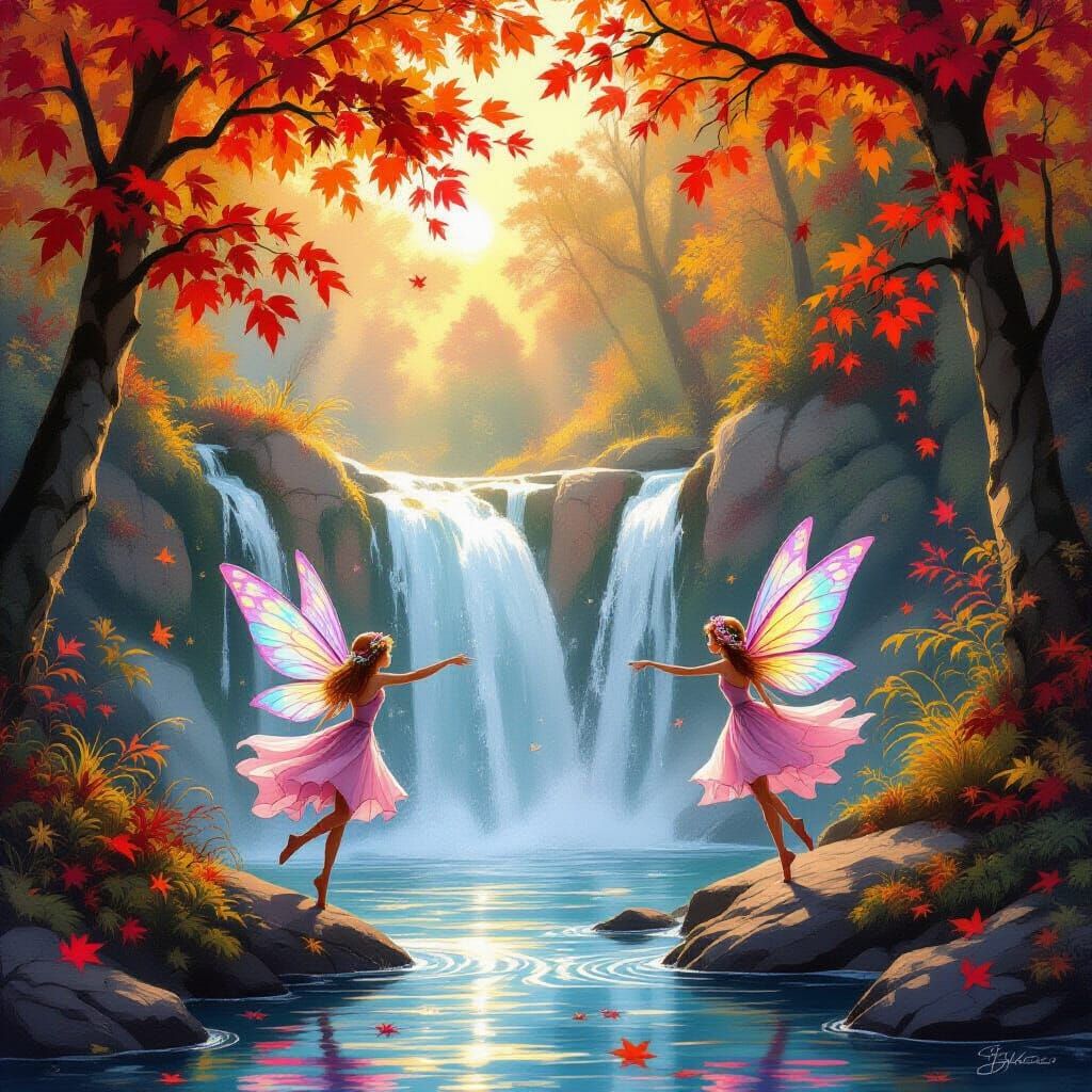 Pink Fairies Dancing Under Autumn Waterfall at Sunset