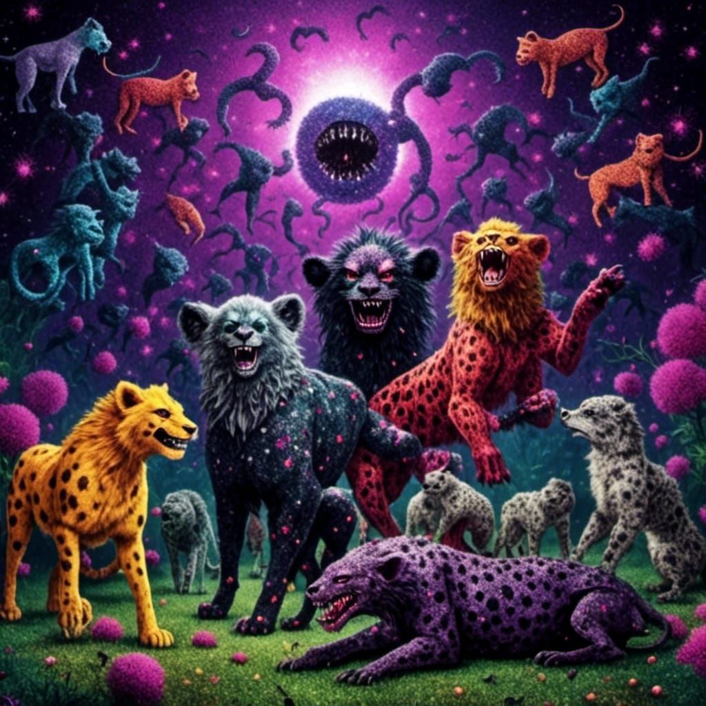 Lion Versus Hyenas in Glitter Gore Style