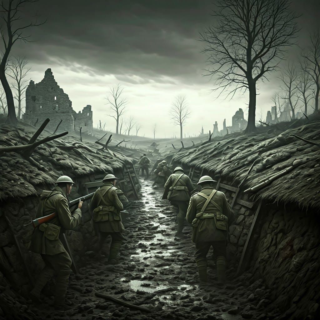 Somber British Soldiers Advance Across Devastated No Man's L...