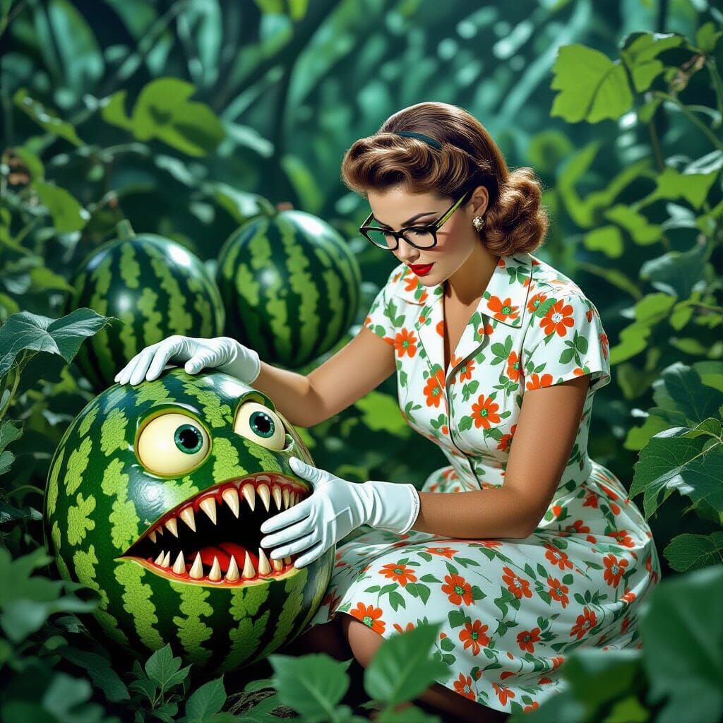 Eerie Retro-Futuristic Garden with Twisted Watermelons