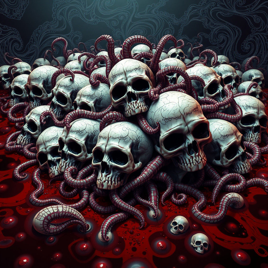 Pile of Skulls with Maggots in Vector Fractal Style