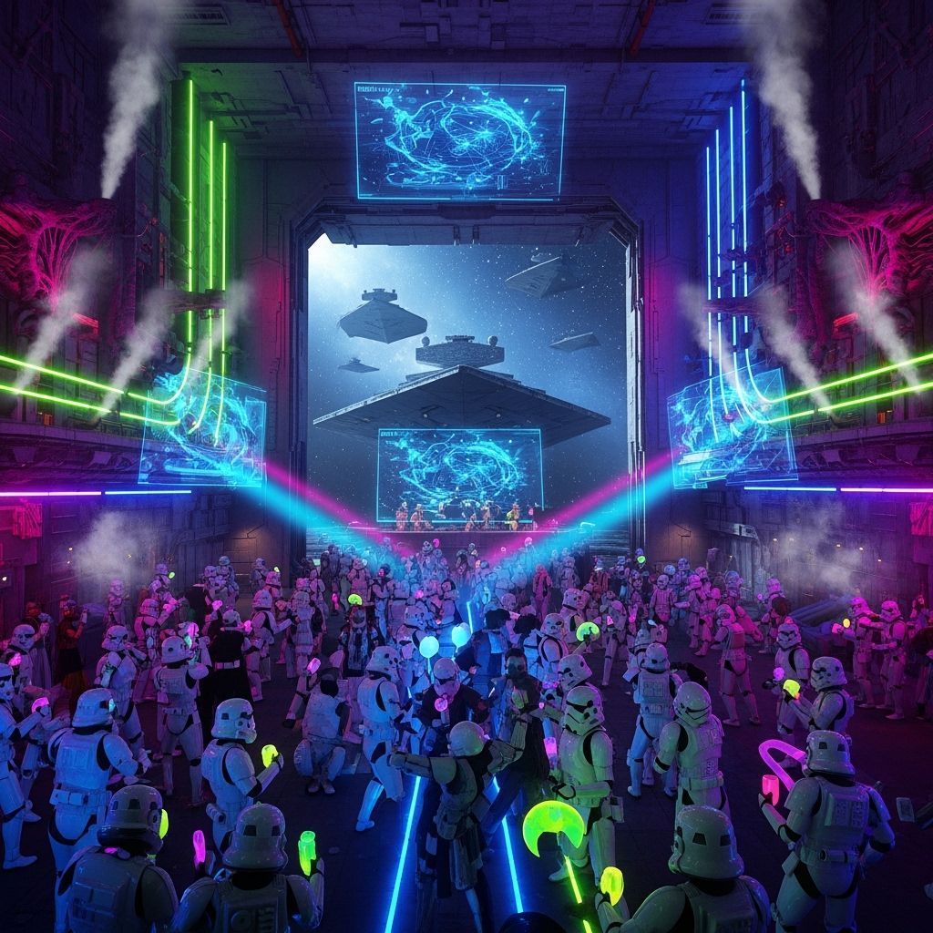 Stormtroopers Rave in Star Destroyer Hangar Amidst Neon Ligh...