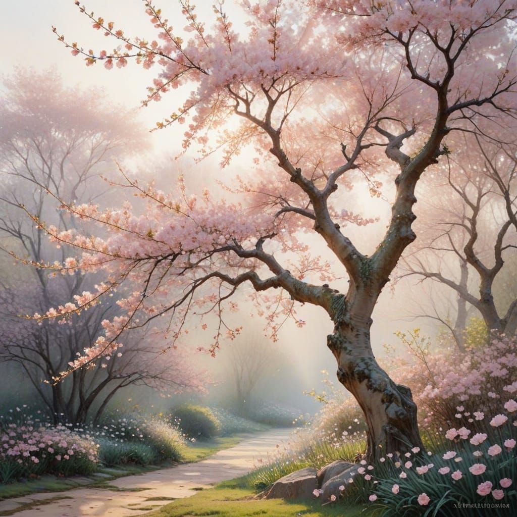 Whimsical Sakura Tree in Serene Garden
