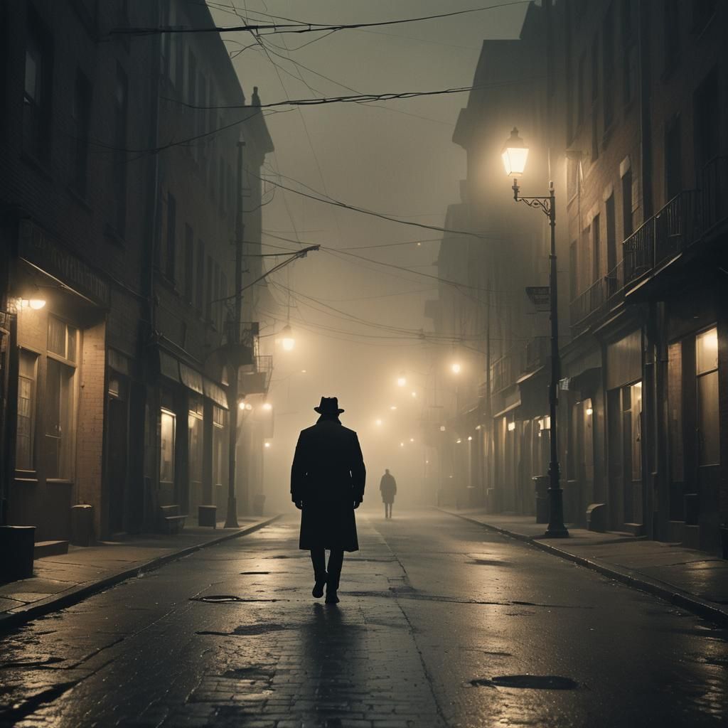 Figure in Foggy Alley: Film Noir Cinematic Still