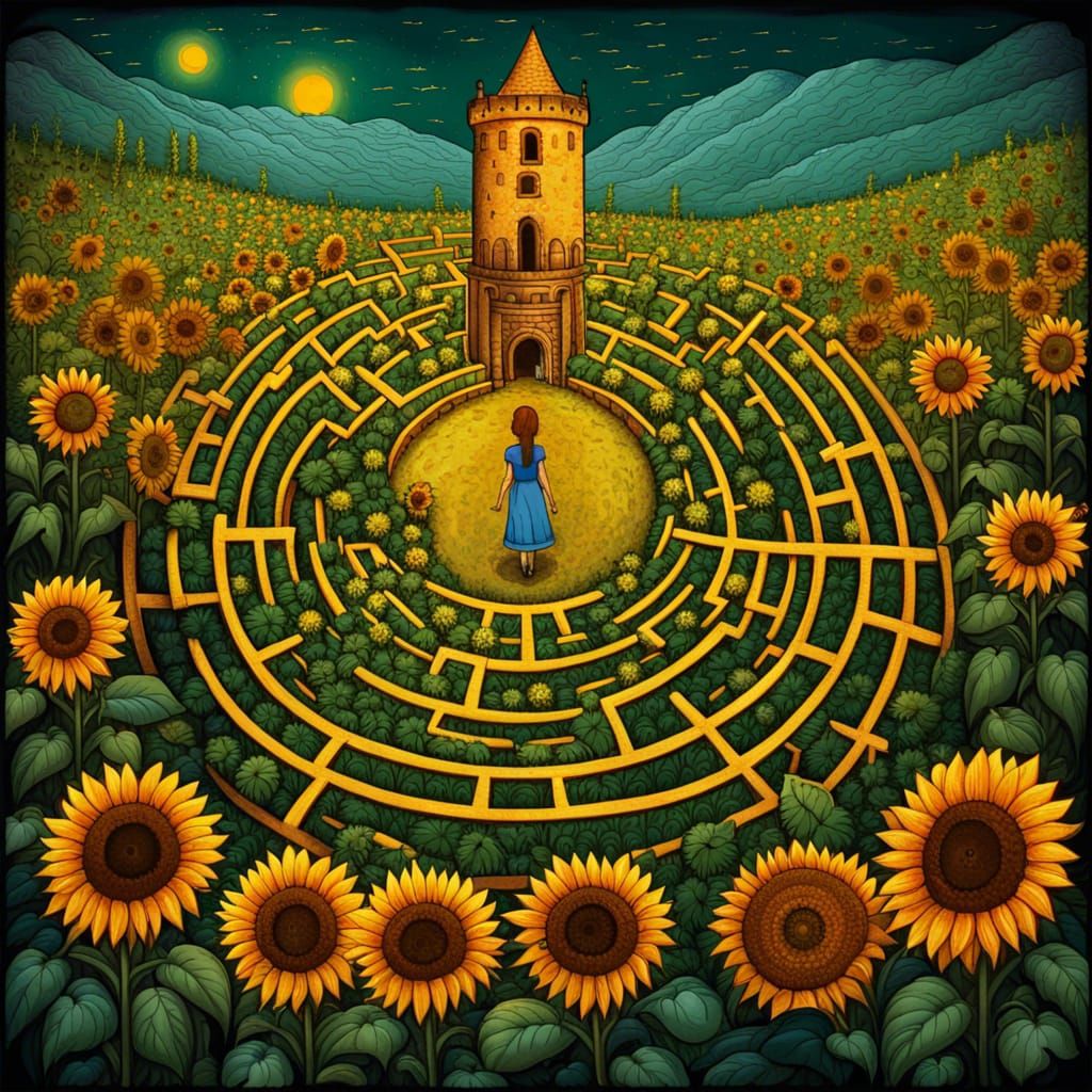 Sunflower Maze with Medieval Tower, Fairytale Illustration