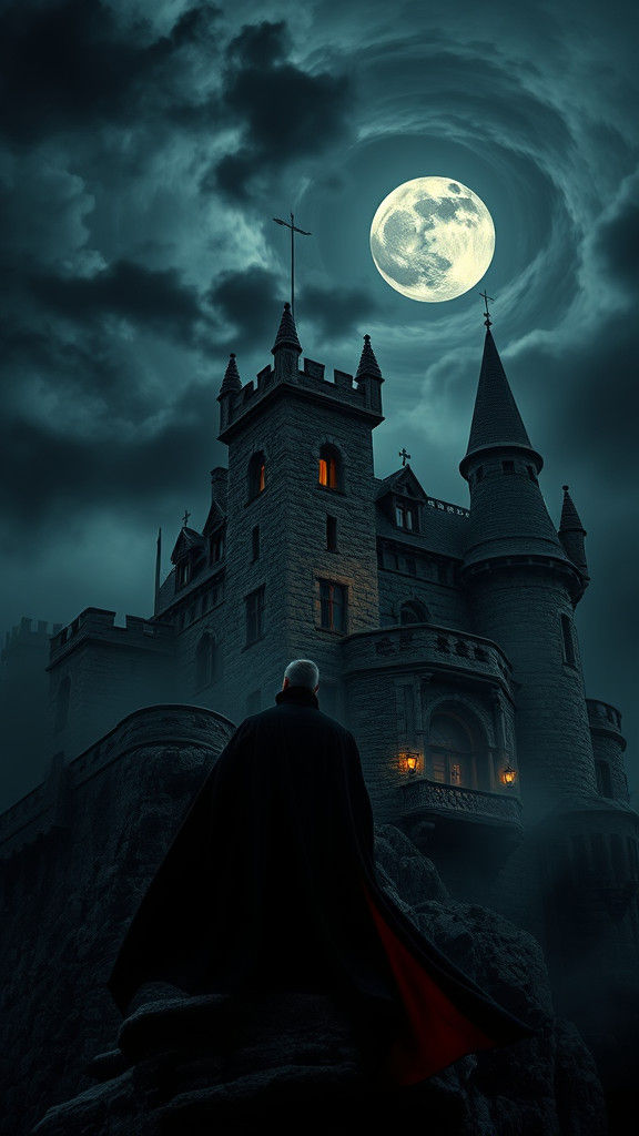 Eerie Victorian Castle with Dracula Under Moonlight