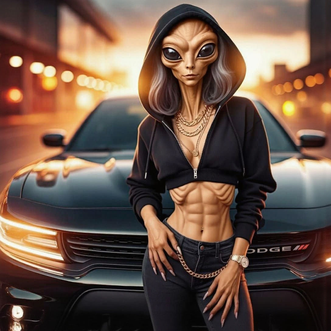 Cute Alien Poses With Gold Chains and Dodge Charger