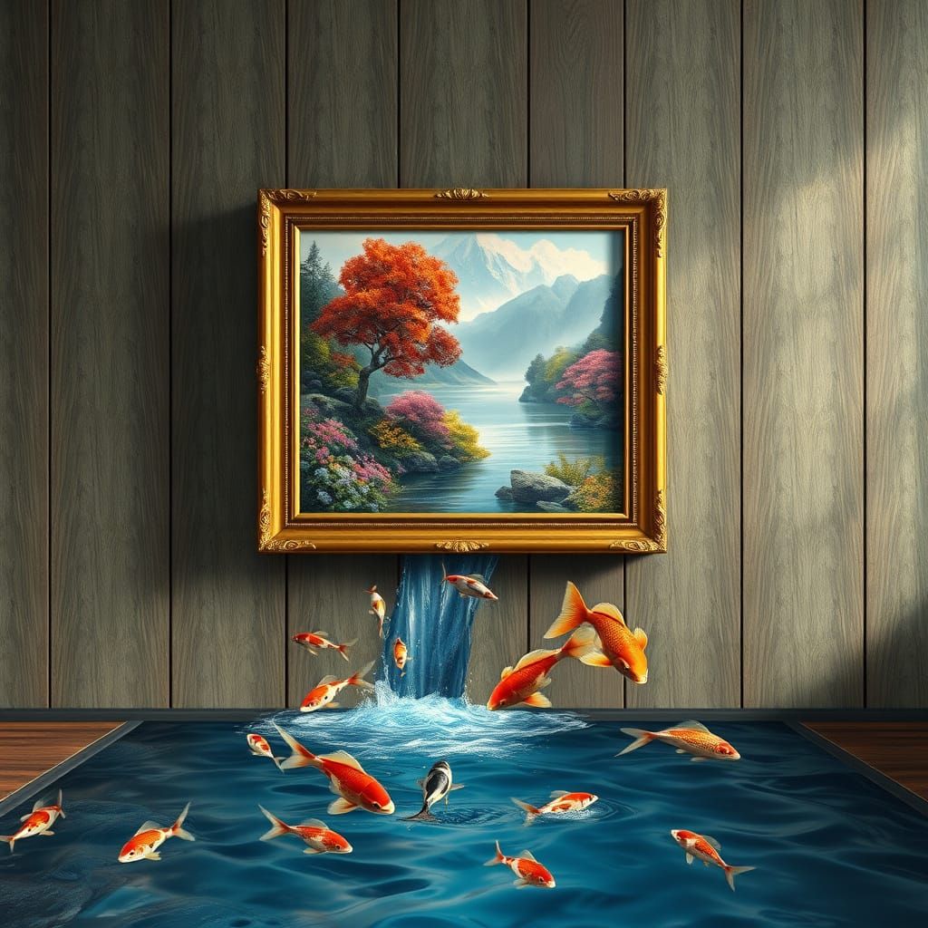 Magical painting of a river coming from a waterfall.