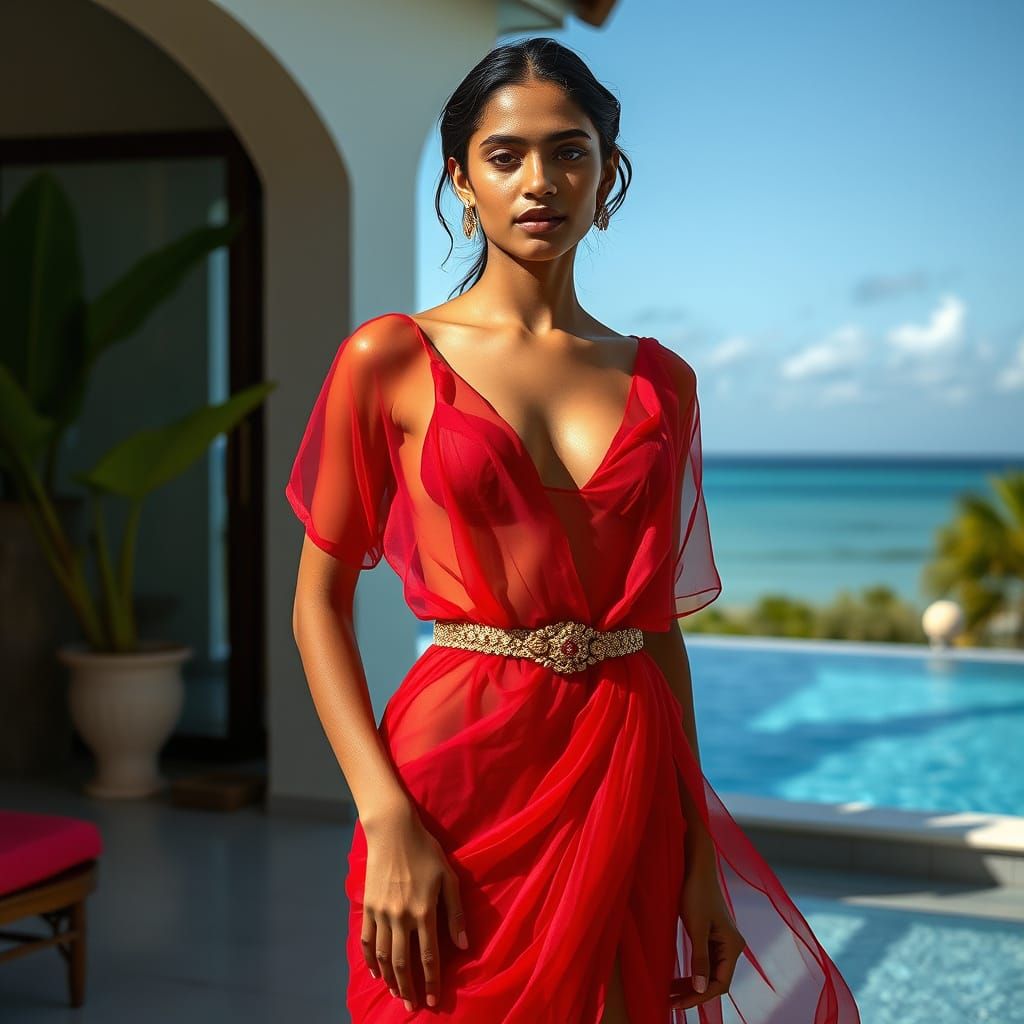 Indian Model in Red Saree, Art Deco Aesthetic
