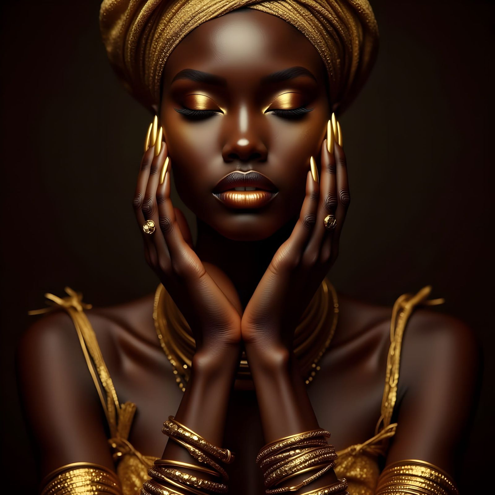 Stunning Black Woman in Golden High-Fashion Portrait