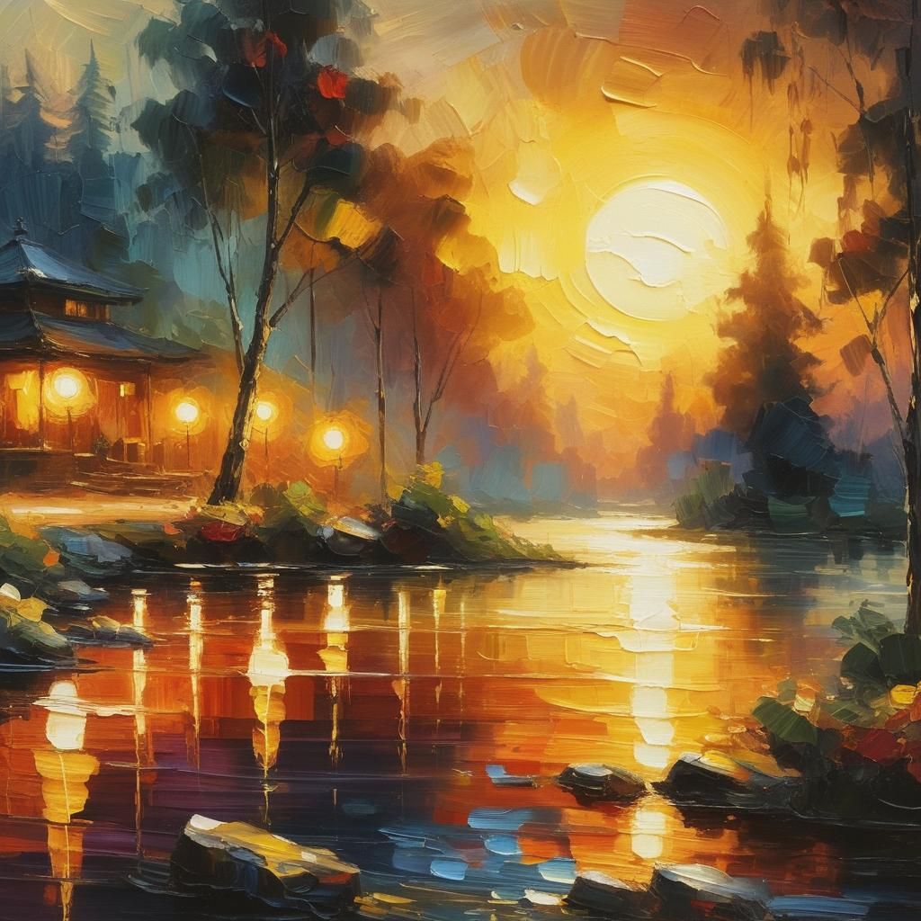 Oriental Impasto Oil Painting on Rippling Water