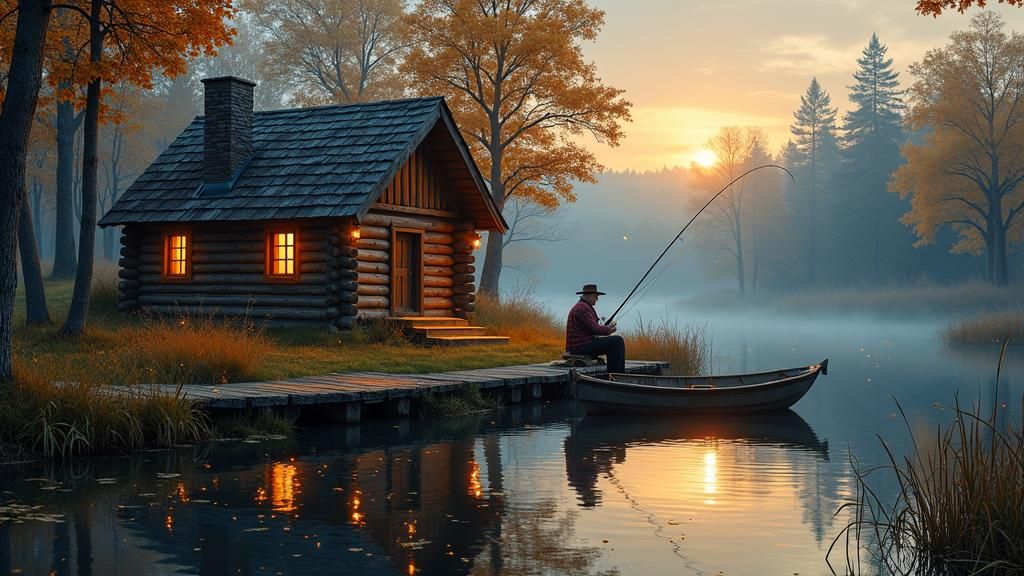 Log Cabin at Dusk with Fireflies, in Luminist Style