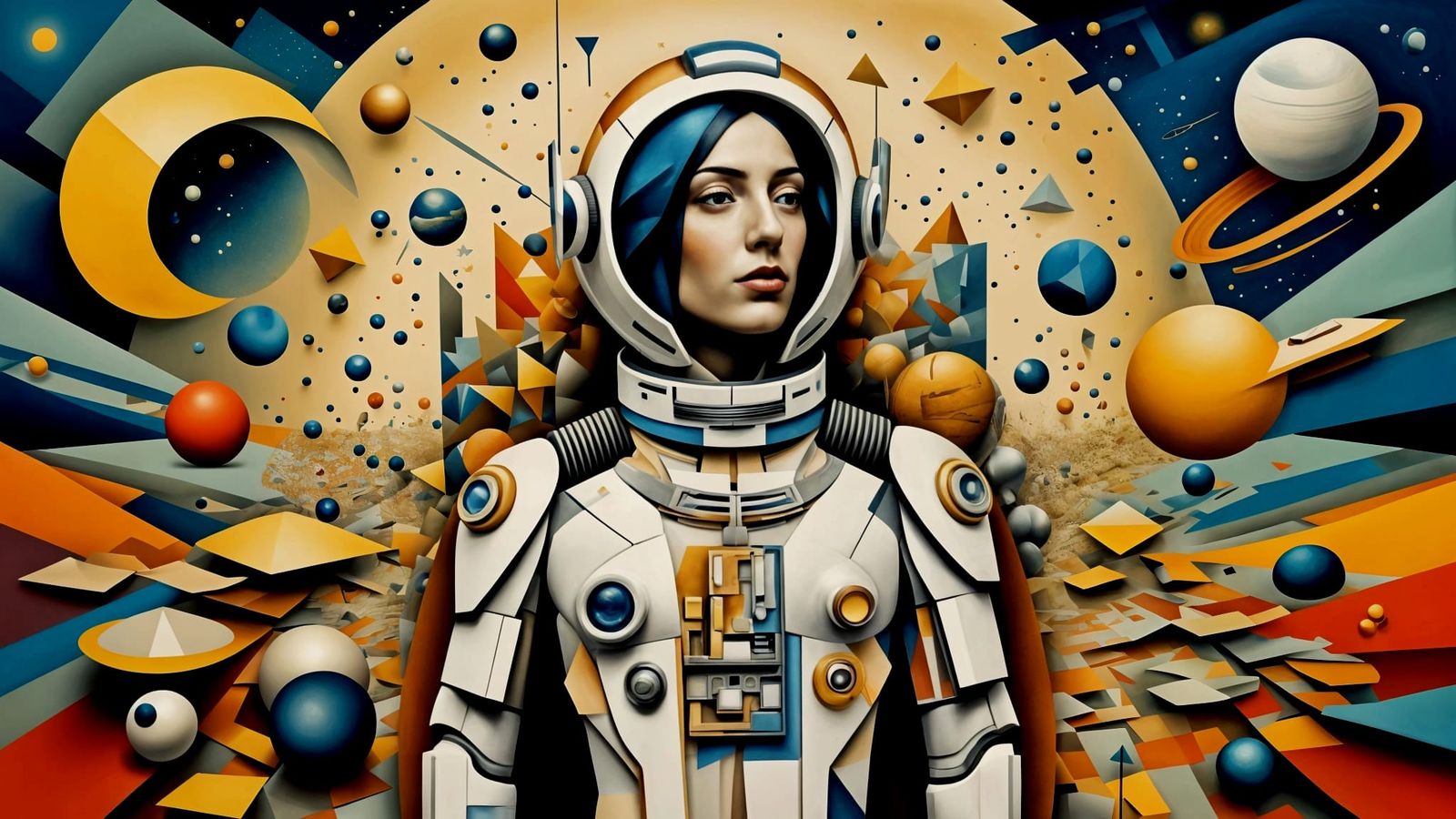 Abstract Cubist Spaceman Still Life with Celestial Elements