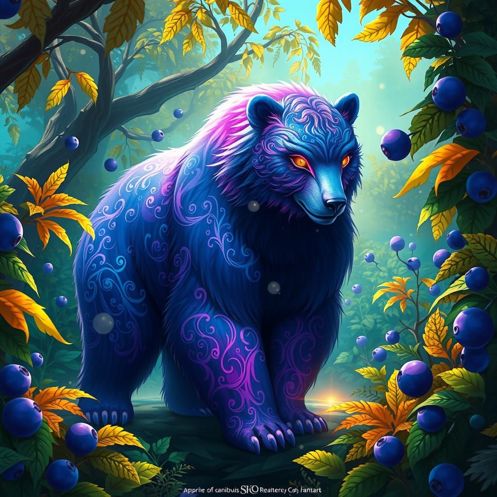 Majestic Blueberry-Bear Hybrid in Magical Landscape
