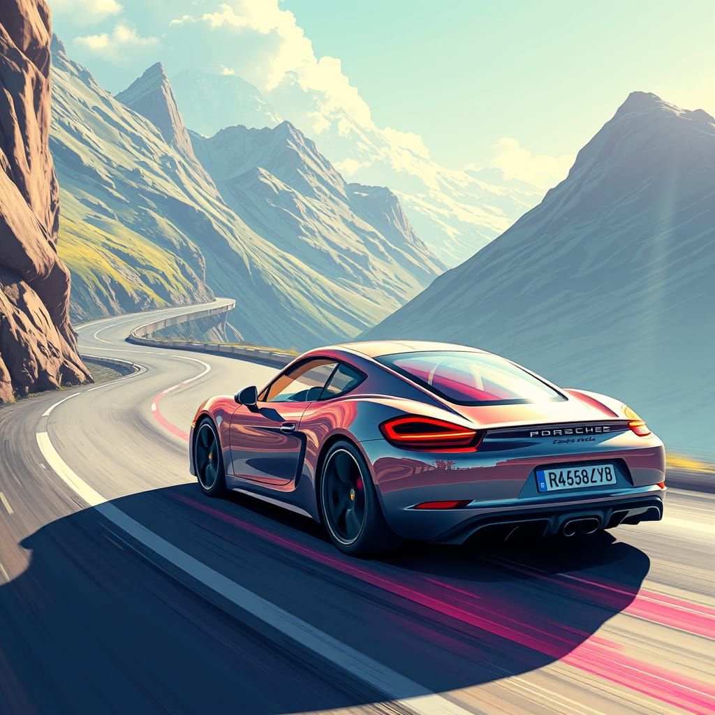 Porsche Cayman Races in Futuristic Digital Art Style