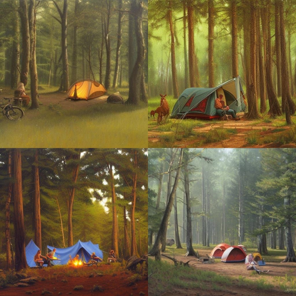 Forest Camping in Oil Painting Style