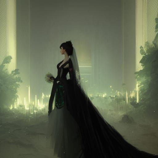 Black Lace and Emerald Wedding Dress in Dark Fantasy Style