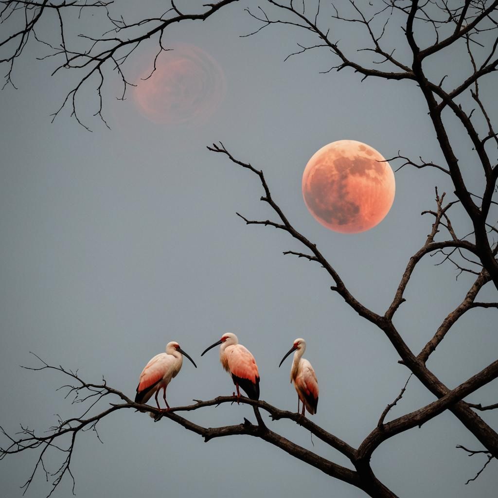 Enormous Red Moon Supported by Tree Branch