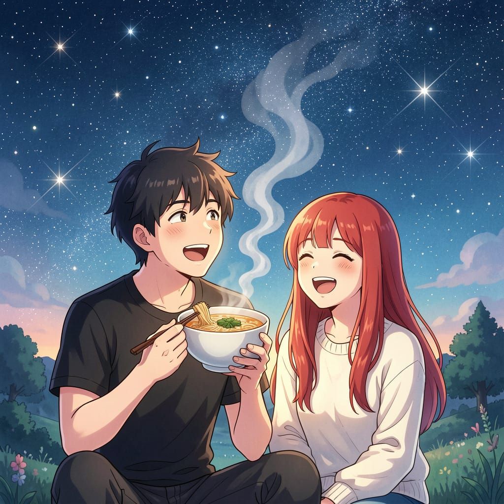Anime Couple Enjoys Ramen Under Starry Sky