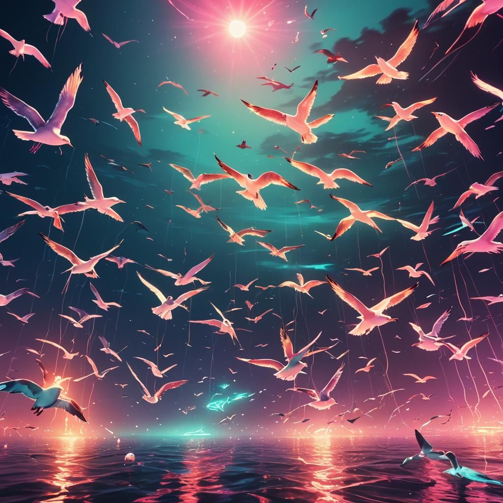 Synthwave Seagulls Swimming Underwater with Flying Fish